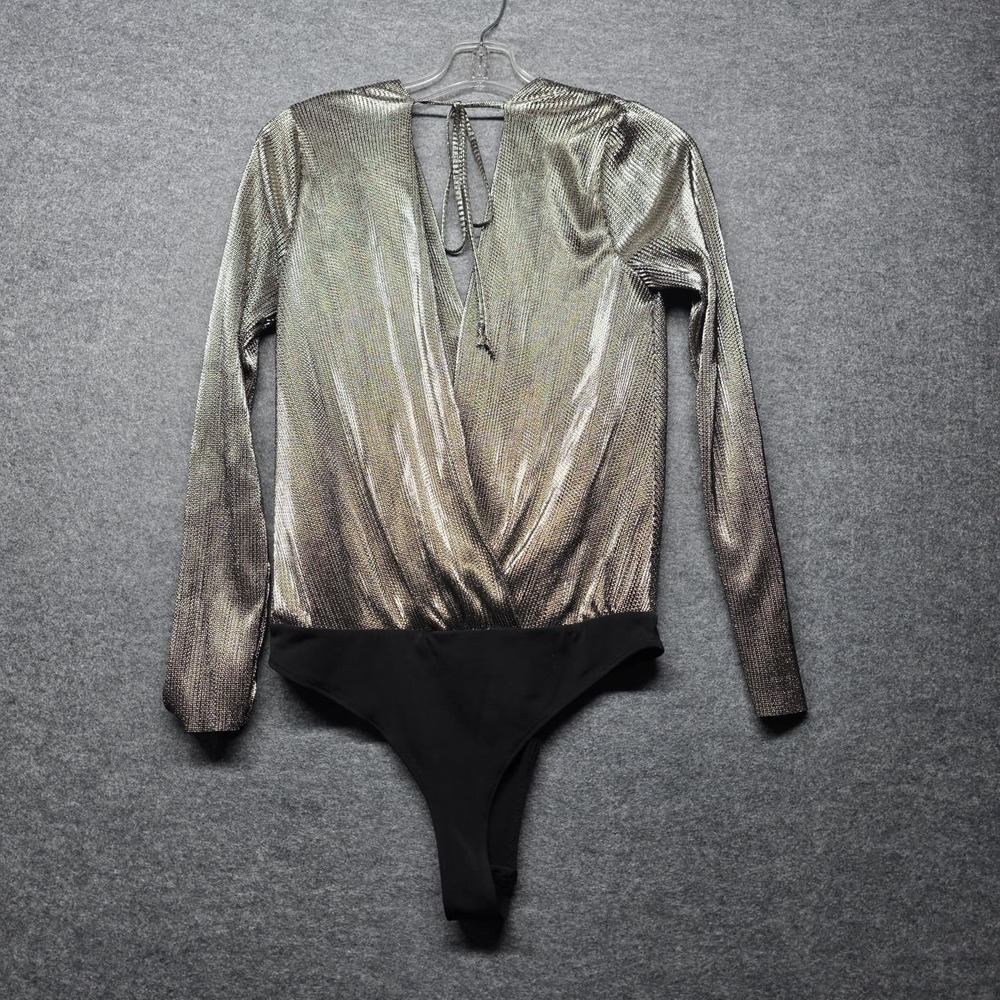 BCBG Generation Metallic Gold Silver Wrap Front Long Sleeve Bodysuit Sz S